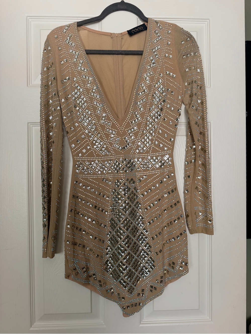 Nude Beaded Long Sleeve V-Neck Dress